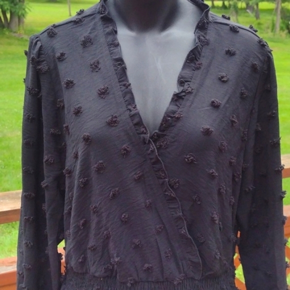 Black Long Sleeve V Neck Swiss Dot Smocked Maxi Dress Size XL - Picture 3 of 12
